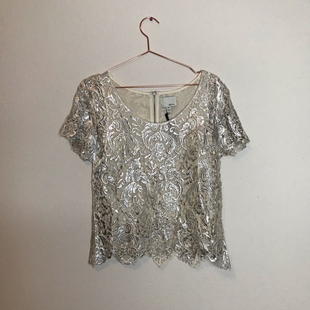 NWOT Greylin crochet lace‎ silver blouse